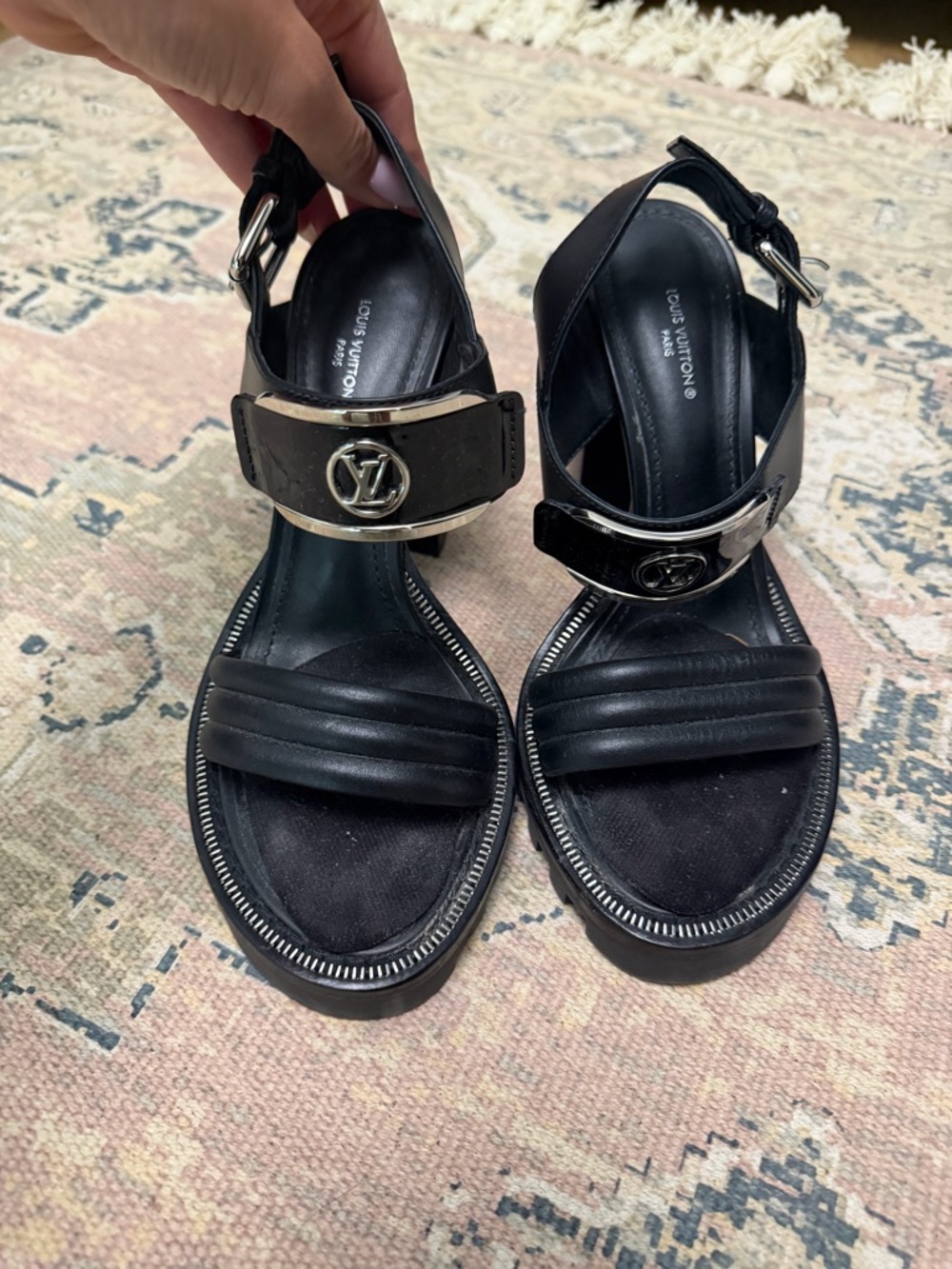 Louis Vuitton Black Leather Platform Sandals with Silver LV Hardware - worn once